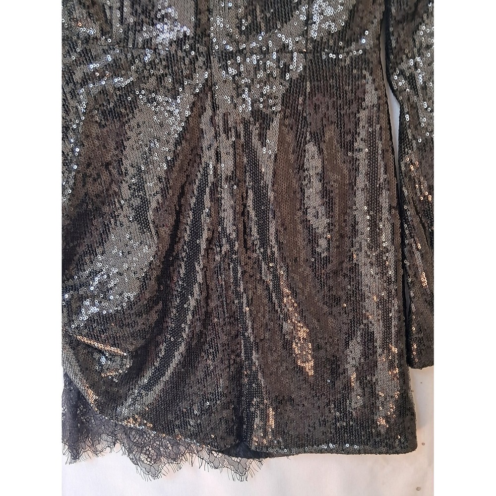 House‎ of CB Black Sequin Mock Neck Long Sleeve Ruched Lace Trim Mini Dress S - Picture 12 of 14
